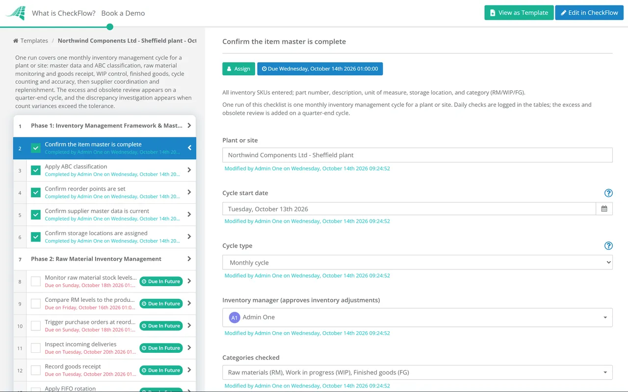 Live demo of the Inventory Management for Manufacturing Environments Checklist in CheckFlow