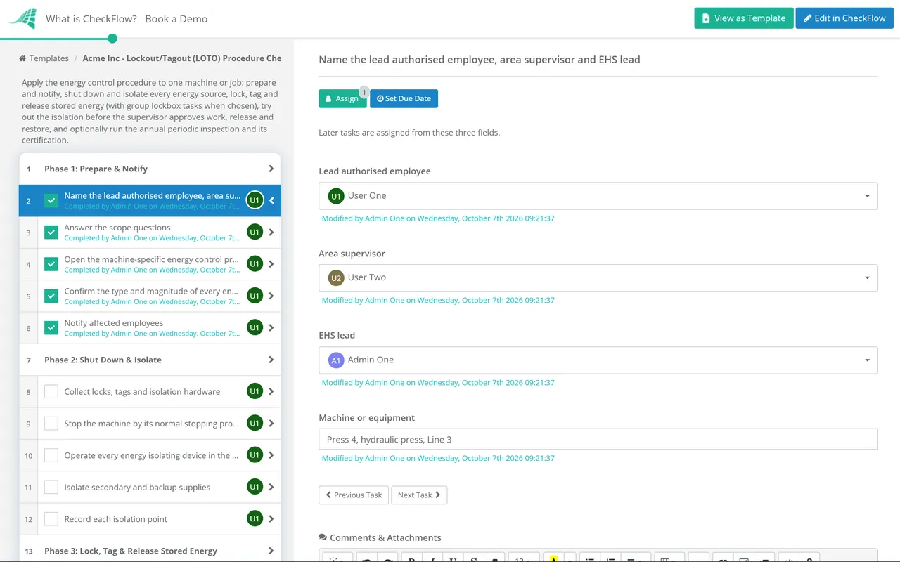 Live demo of the Lockout/Tagout (LOTO) Procedure Checklist in CheckFlow