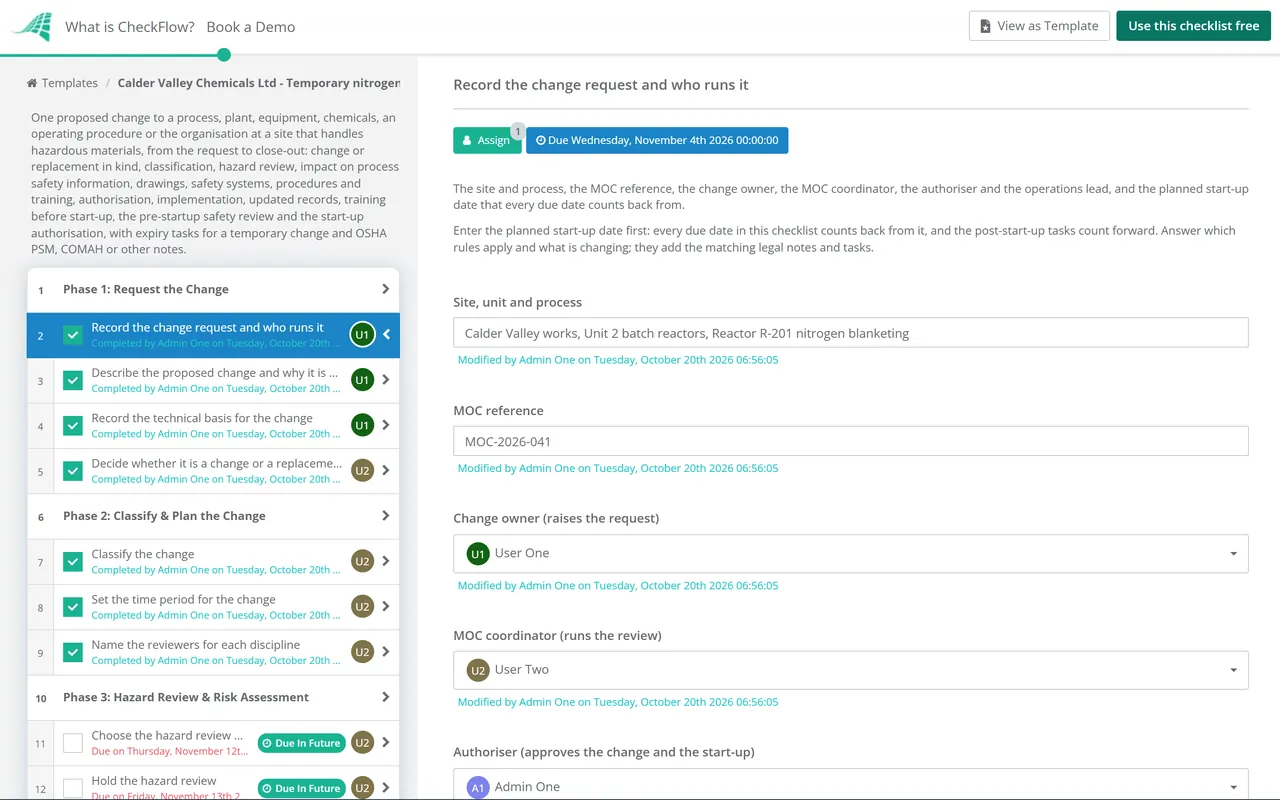 Live demo of the Management of Change (MOC) Checklist in CheckFlow