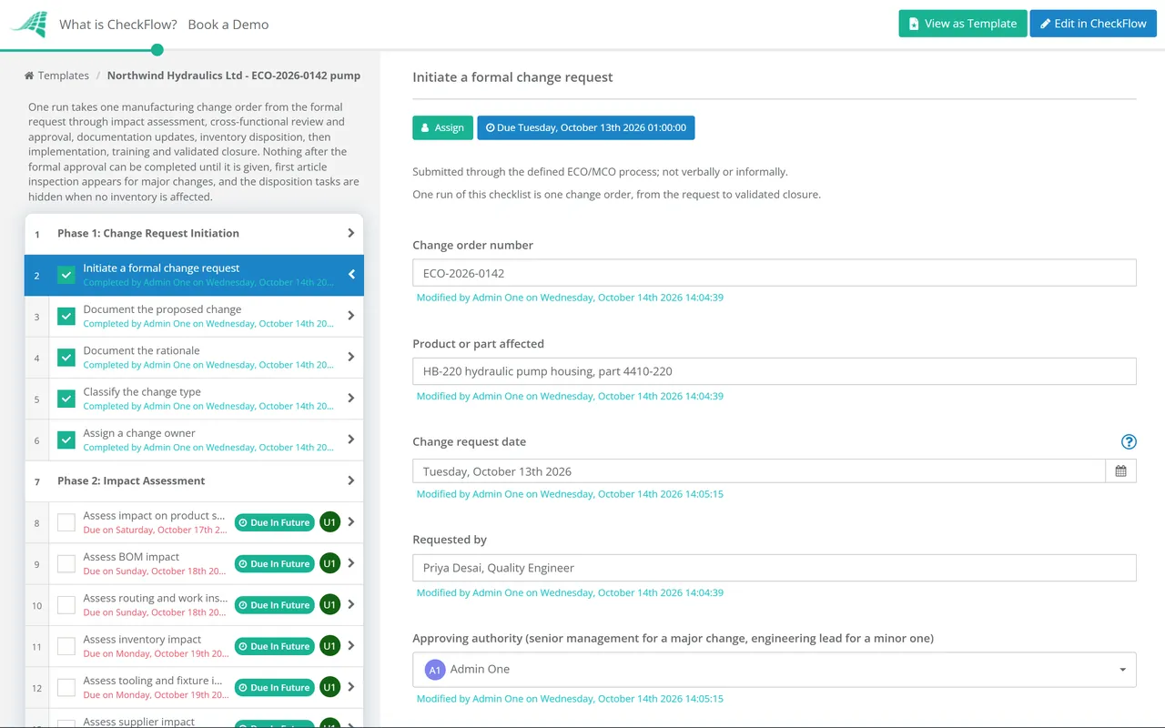Live demo of the Manufacturing Change Order Process Checklist in CheckFlow