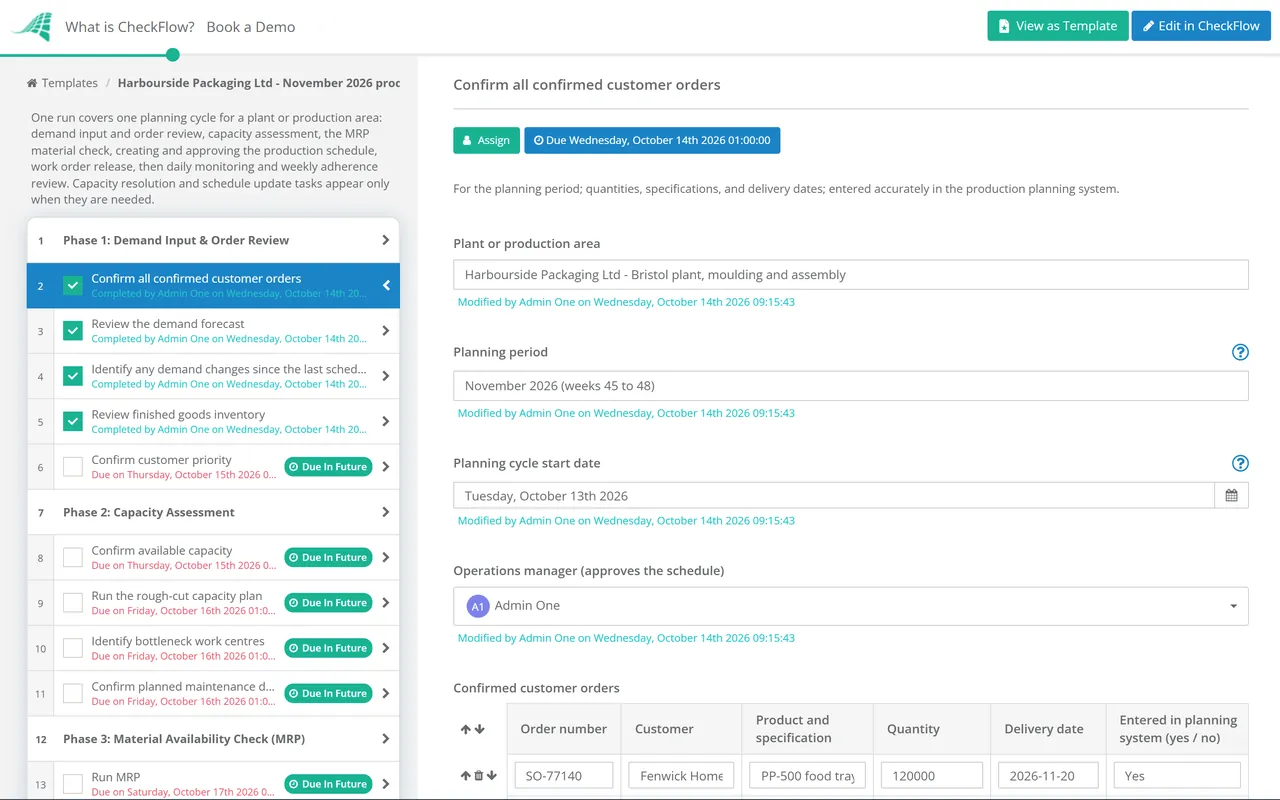 Live demo of the Manufacturing Production Scheduling Checklist in CheckFlow