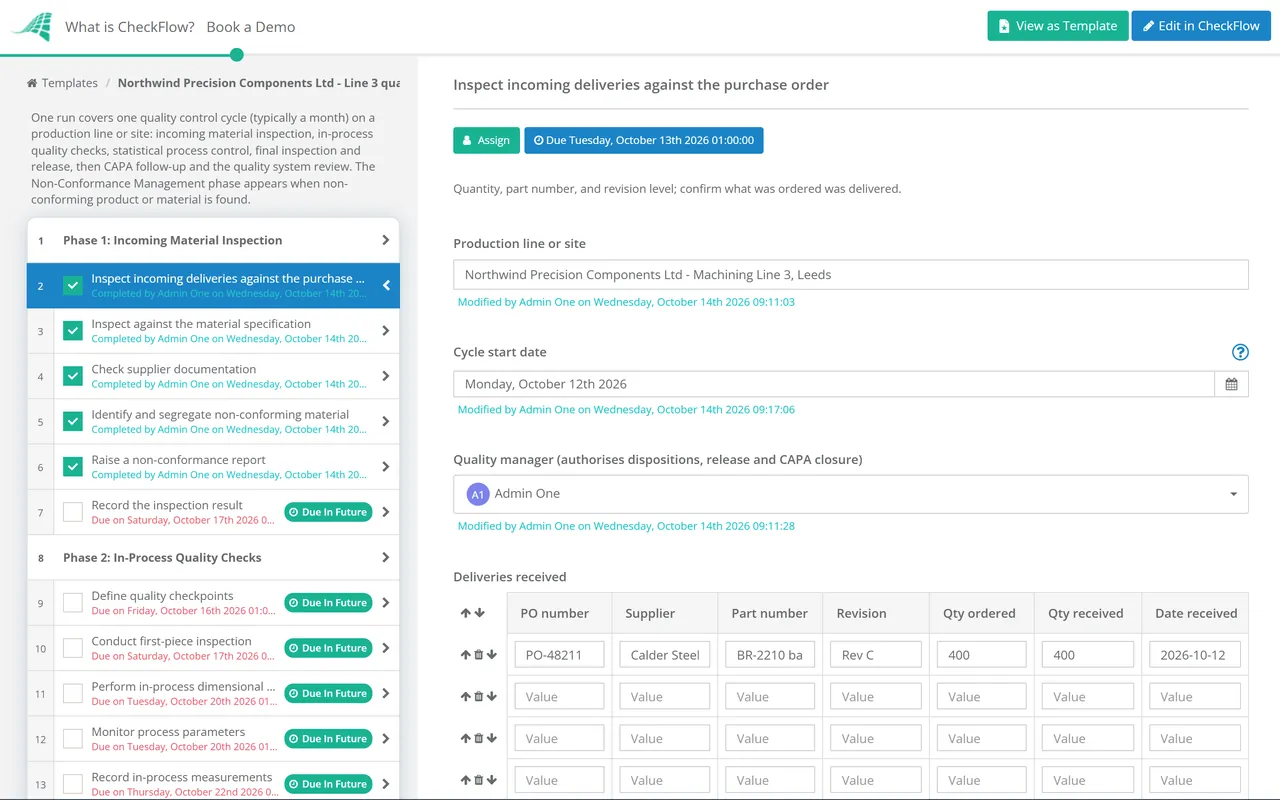Live demo of the Manufacturing Quality Control Checklist in CheckFlow