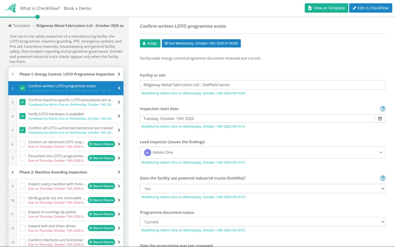 Live demo of the Safety Inspection Process for a Manufacturing Facility in CheckFlow