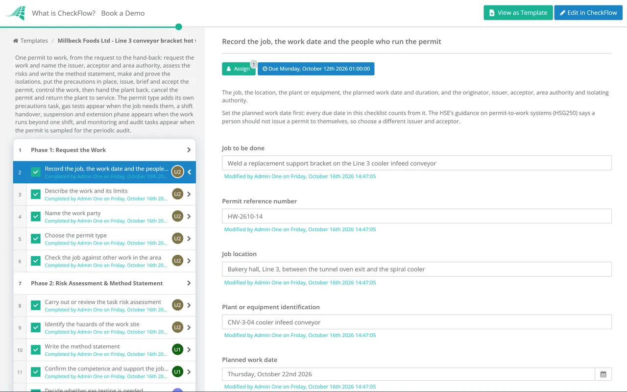 Live demo of the Permit to Work Checklist in CheckFlow
