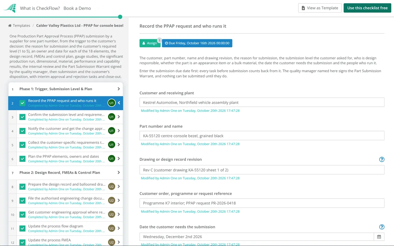 Live demo of the PPAP Submission Checklist in CheckFlow