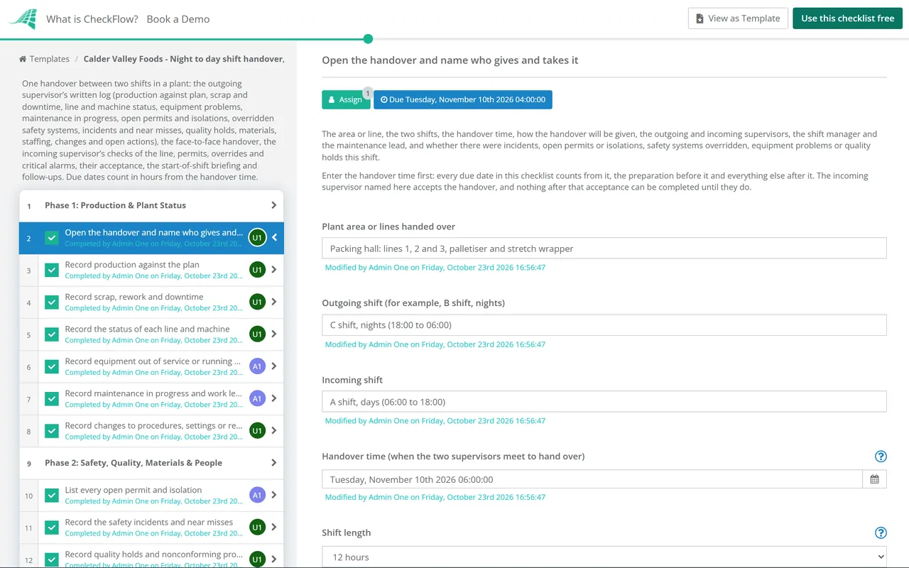 Live demo of the Shift Handover Checklist in CheckFlow