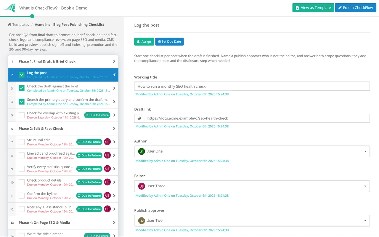 Live demo of the Blog Post Publishing Checklist in CheckFlow