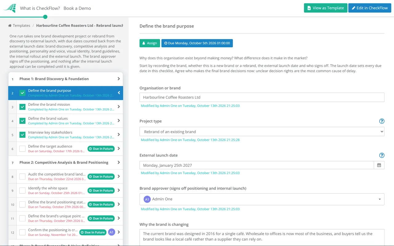 Live demo of the Brand Development Checklist in CheckFlow