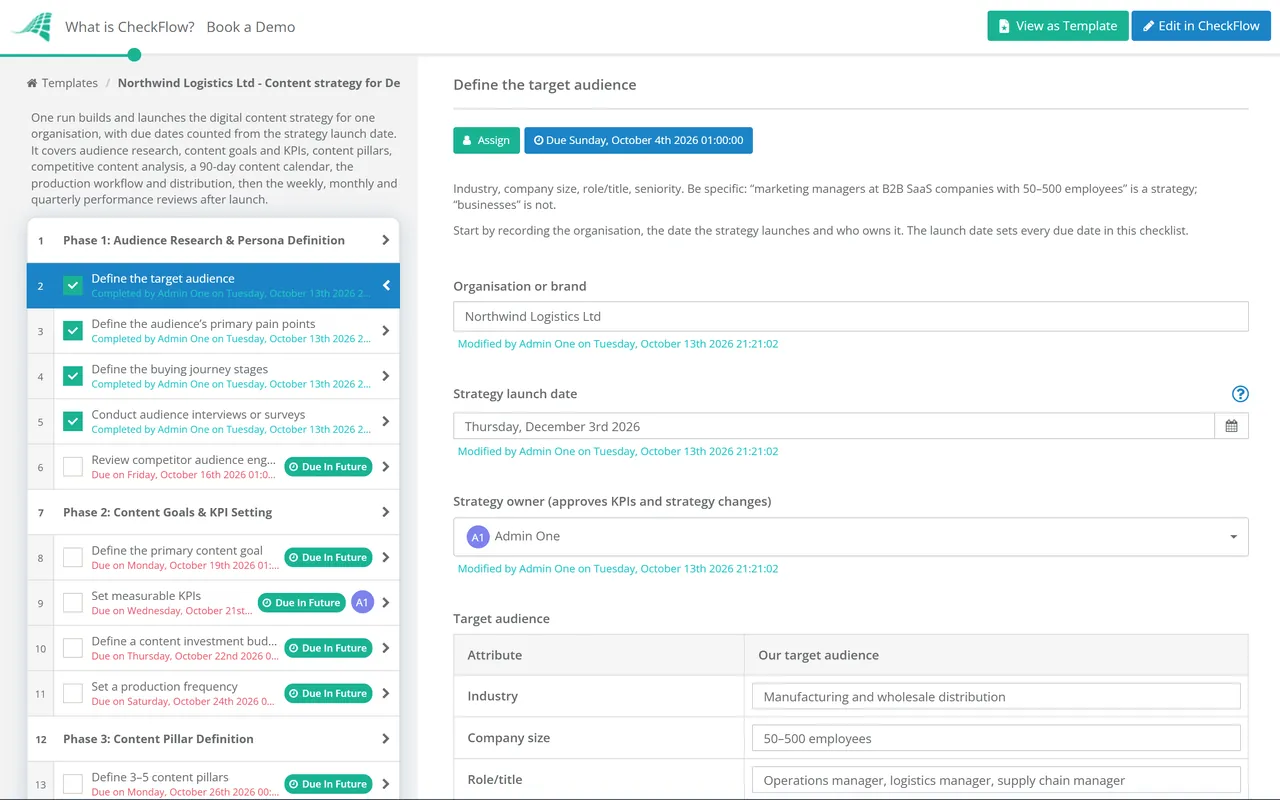 Live demo of the Digital Content Strategy Checklist in CheckFlow