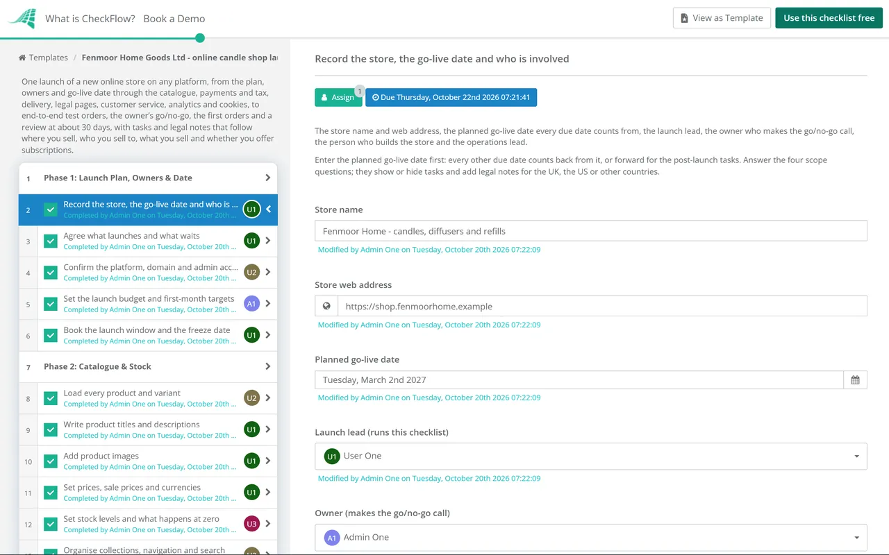 Live demo of the E-commerce Store Launch Checklist in CheckFlow