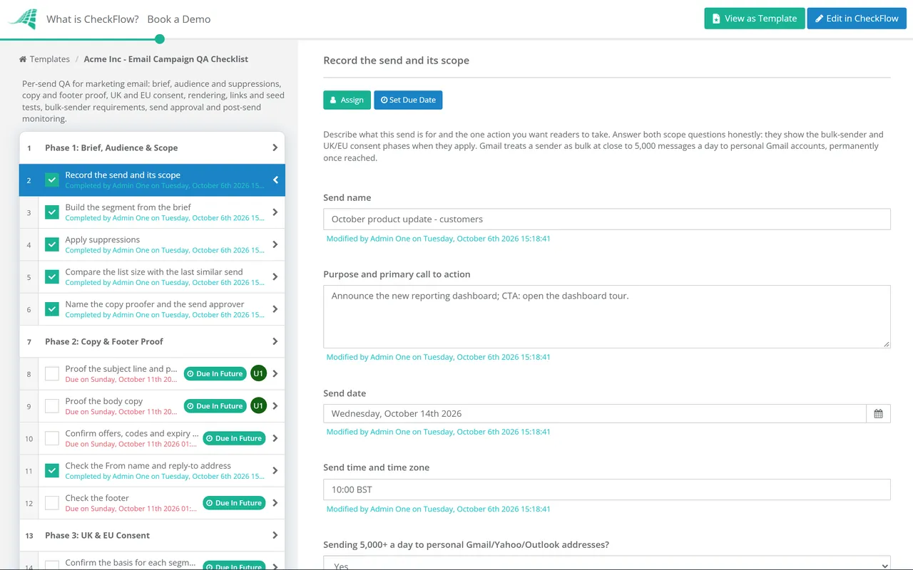 Live demo of the Email Campaign QA Checklist in CheckFlow