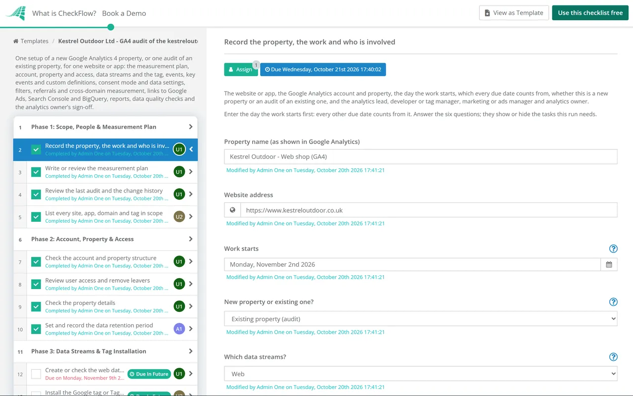 Live demo of the GA4 Setup & Audit Checklist in CheckFlow