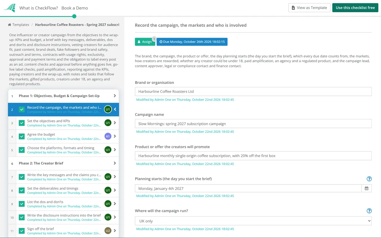 Live demo of the Influencer Campaign Checklist in CheckFlow