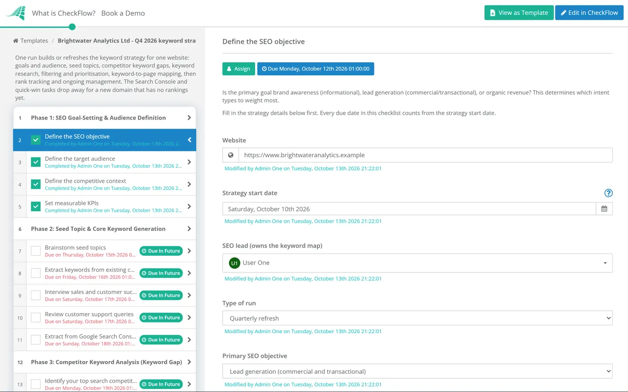 Live demo of the Keyword Strategy Checklist in CheckFlow