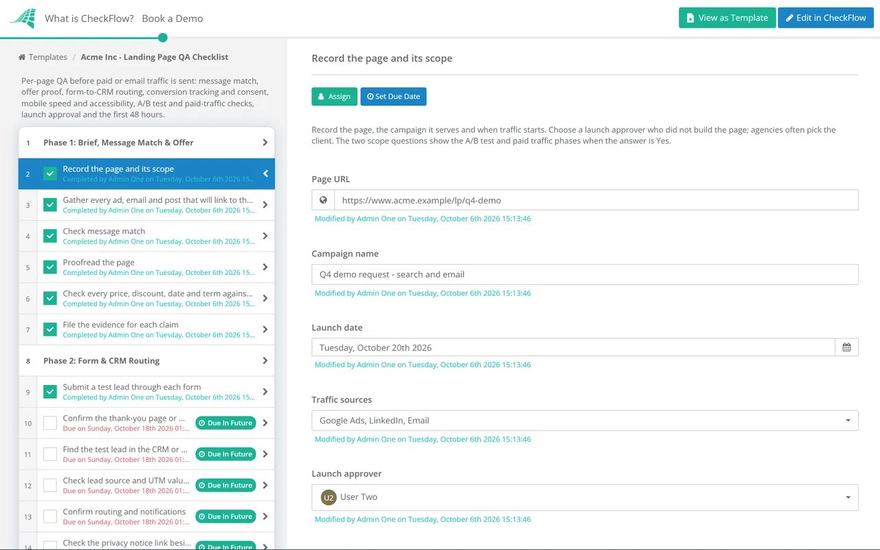 Live demo of the Landing Page QA Checklist in CheckFlow
