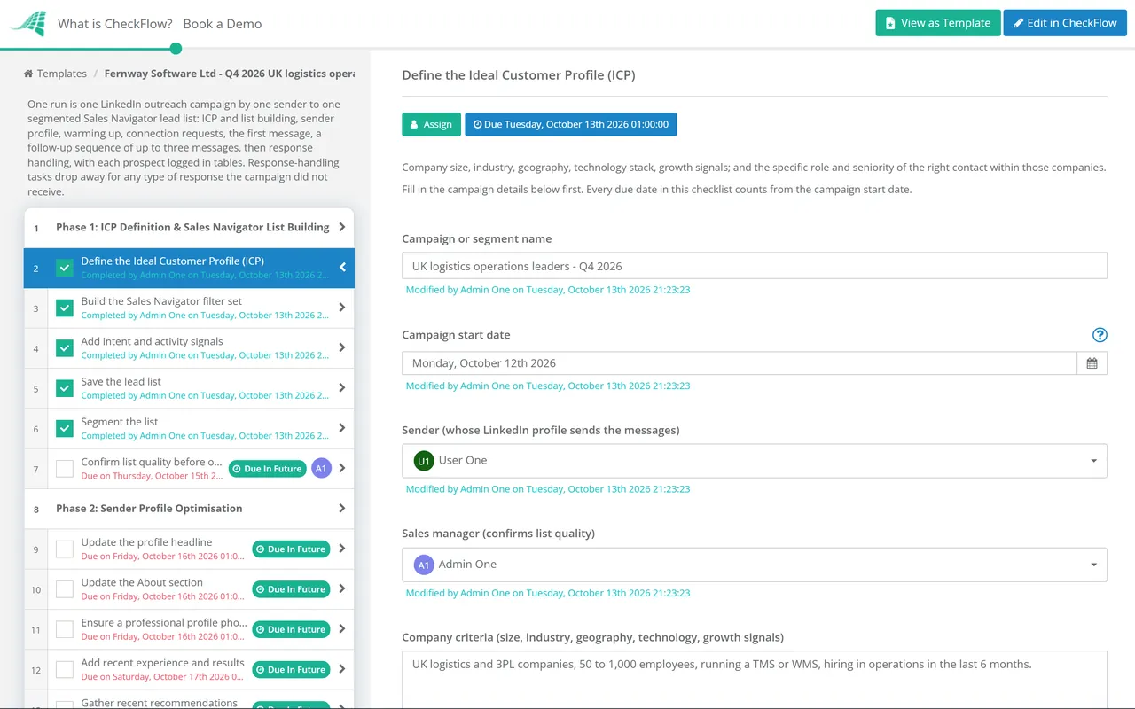 Live demo of the LinkedIn Sales Navigator Message Checklist in CheckFlow