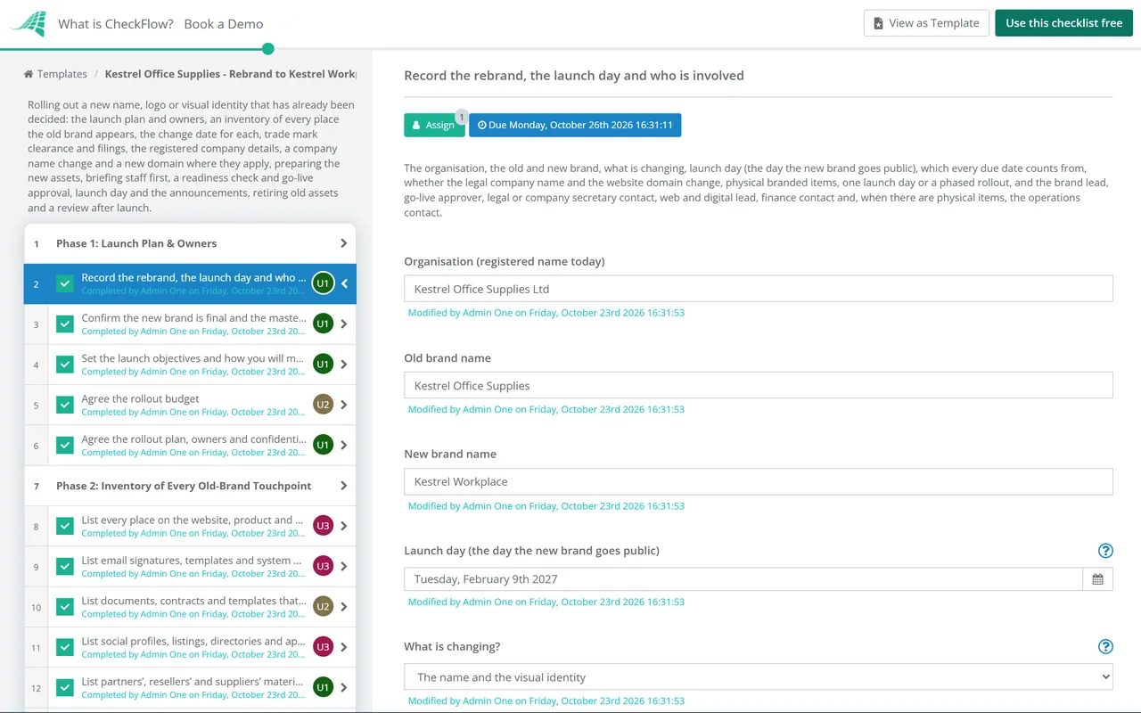 Live demo of the Rebrand Launch Checklist in CheckFlow