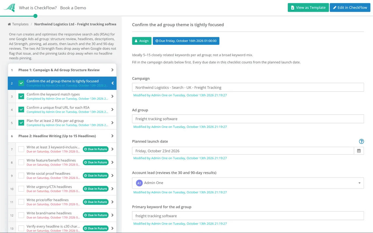 Live demo of the Responsive Search Ads Checklist in CheckFlow