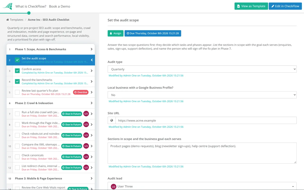 Live demo of the SEO Audit Checklist in CheckFlow