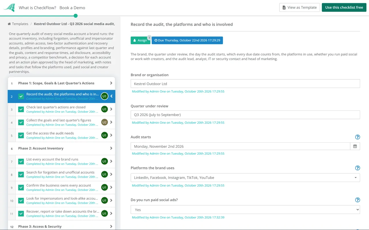 Live demo of the Social Media Audit Checklist in CheckFlow