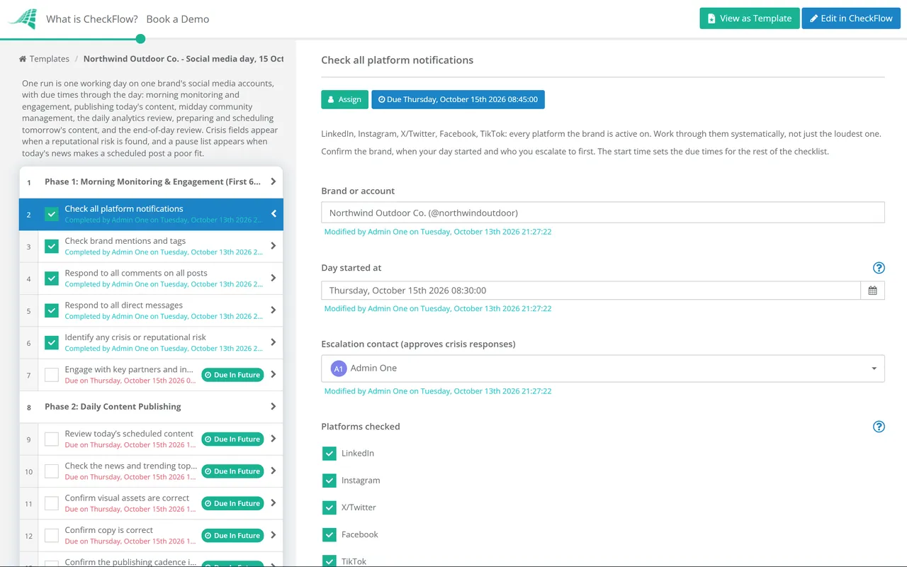 Live demo of the Social Media Manager Daily Checklist in CheckFlow