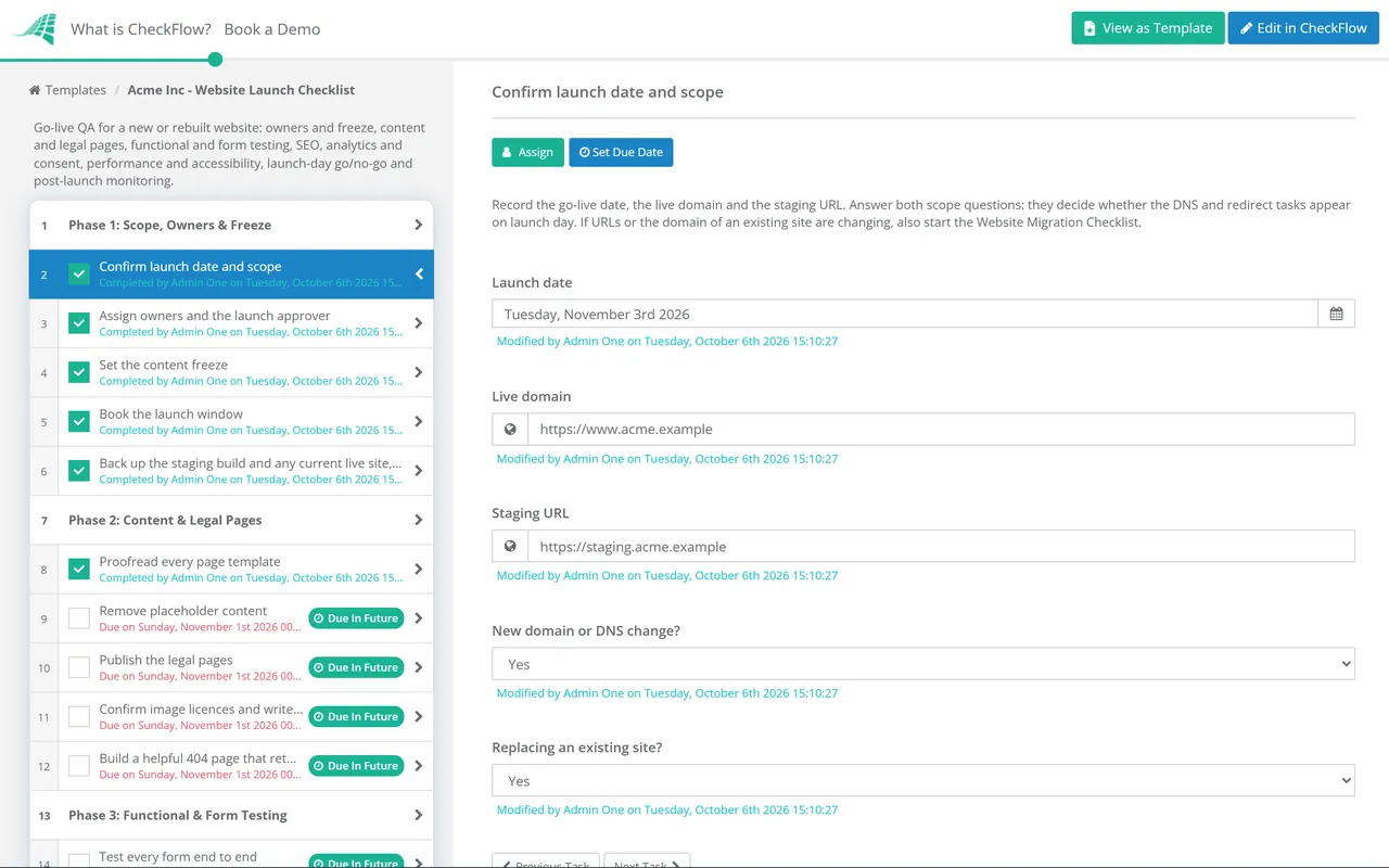 Live demo of the Website Launch Checklist in CheckFlow