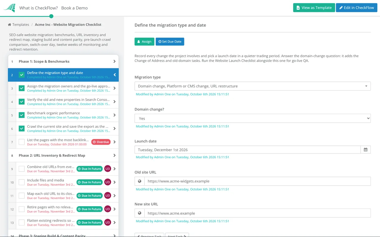 Live demo of the Website Migration Checklist in CheckFlow