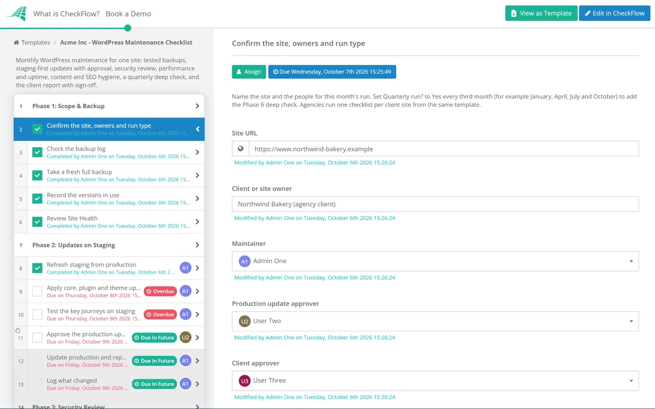 Live demo of the WordPress Maintenance Checklist in CheckFlow