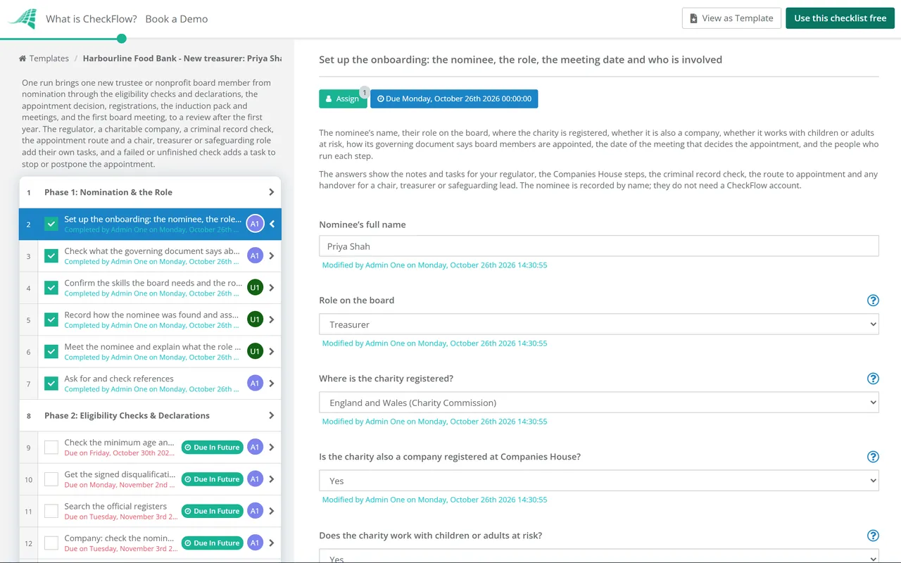 Live demo of the Board Member Onboarding Checklist in CheckFlow