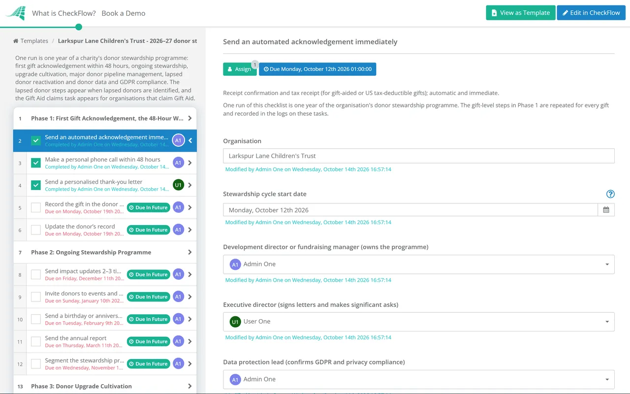 Live demo of the Charity Donor Management Workflow Checklist in CheckFlow