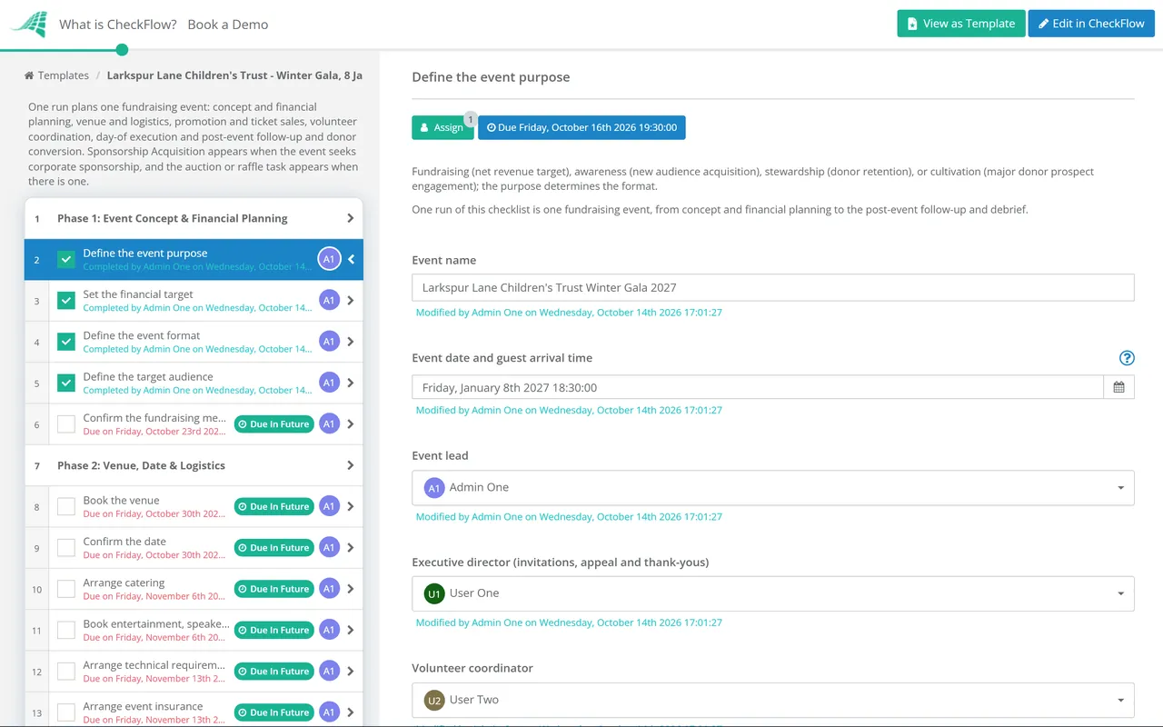 Live demo of the Fundraising Event Planning Checklist in CheckFlow