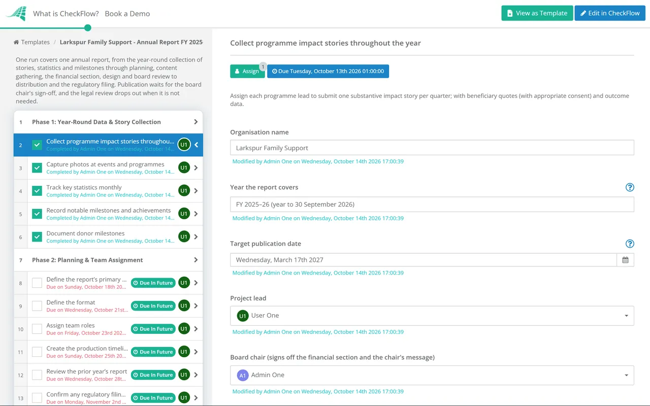 Live demo of the Annual Report Preparation Checklist for Nonprofits & Charities in CheckFlow