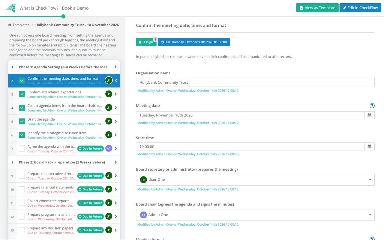 Live demo of the Board Meeting Preparation Checklist for Nonprofits & Charities in CheckFlow