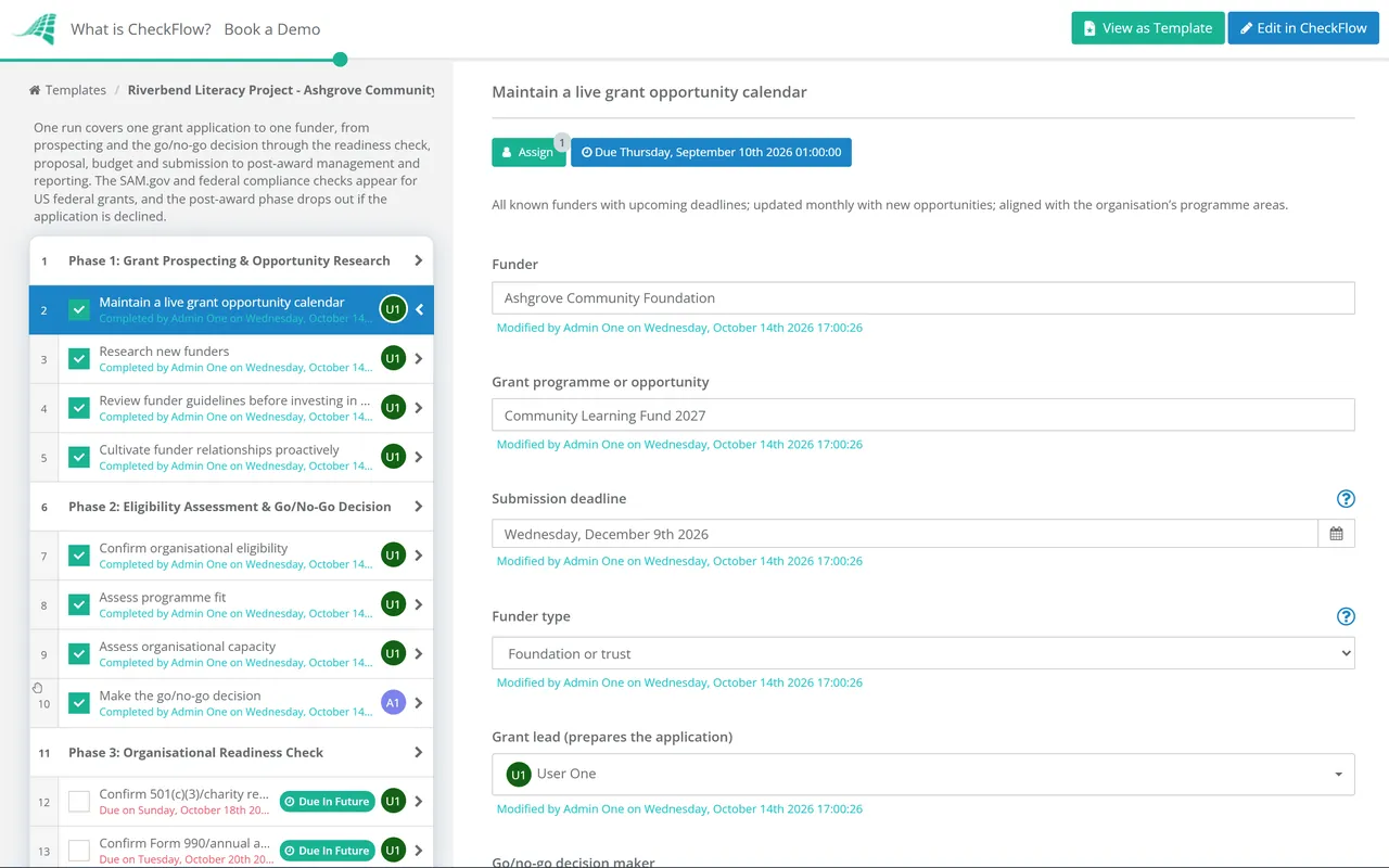 Live demo of the Nonprofit Grant Application Process Checklist in CheckFlow