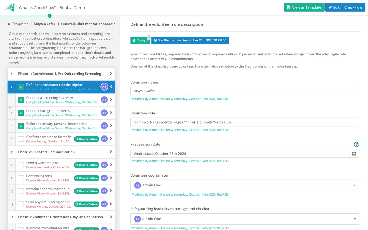 Live demo of the Volunteer Onboarding Checklist in CheckFlow