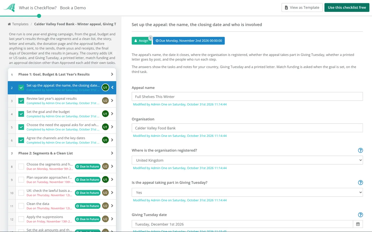 Live demo of the Year-End Fundraising Appeal Checklist in CheckFlow