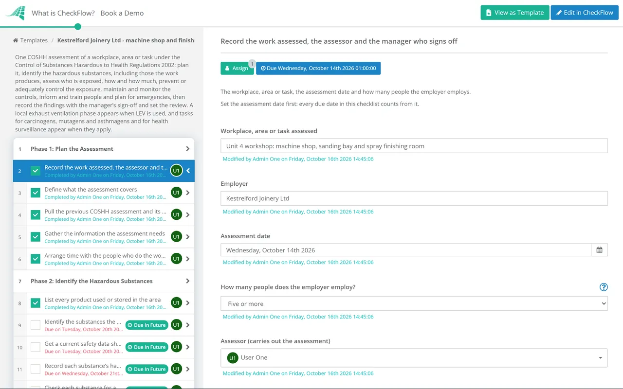 Live demo of the COSHH Assessment Checklist in CheckFlow