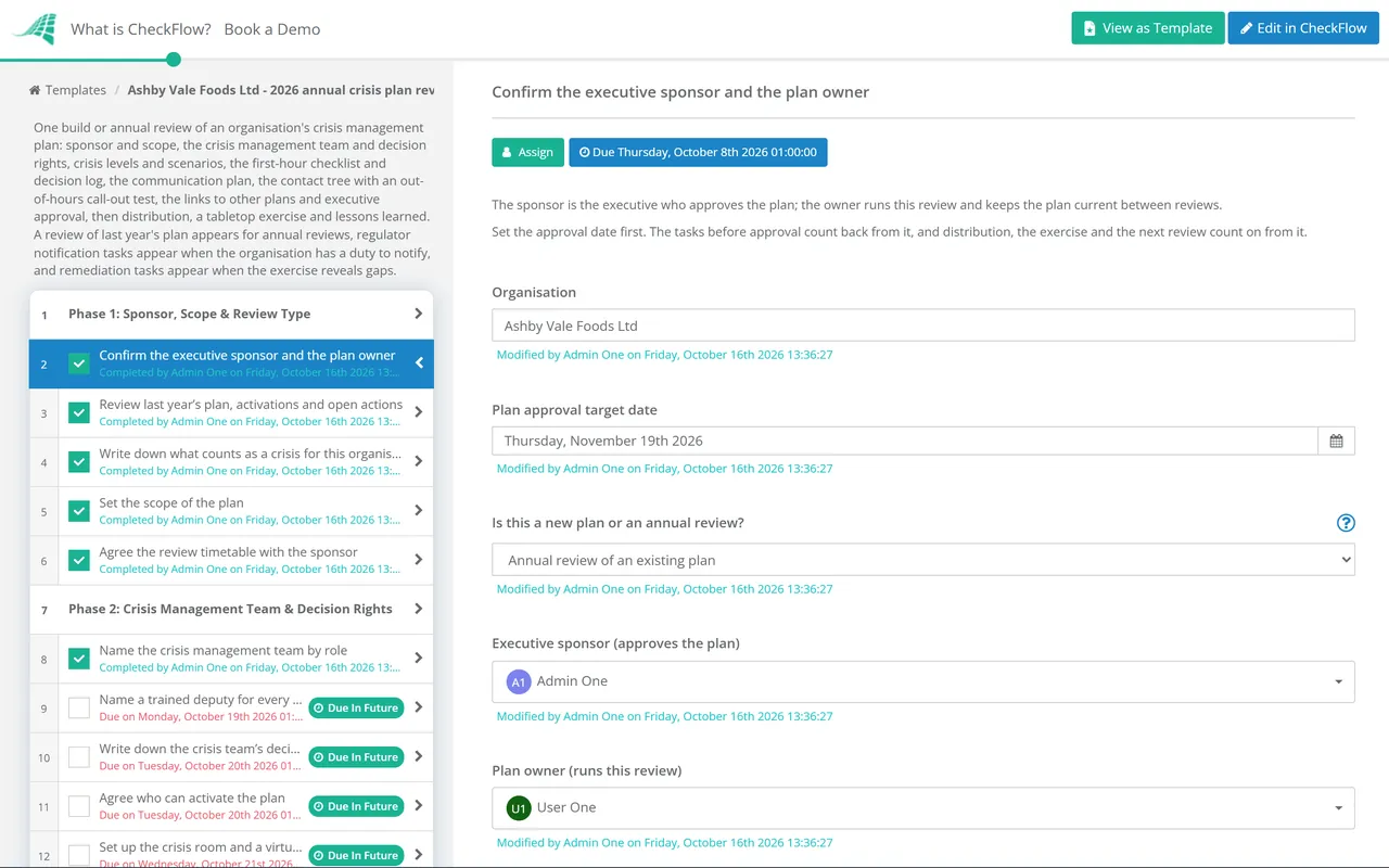 Live demo of the Crisis Management Plan Checklist in CheckFlow
