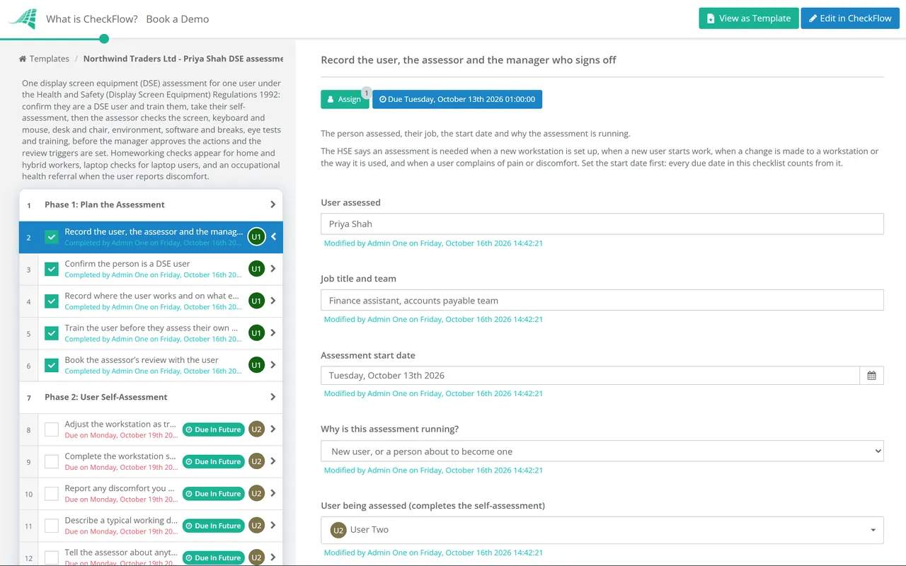 Live demo of the DSE Workstation Assessment Checklist in CheckFlow