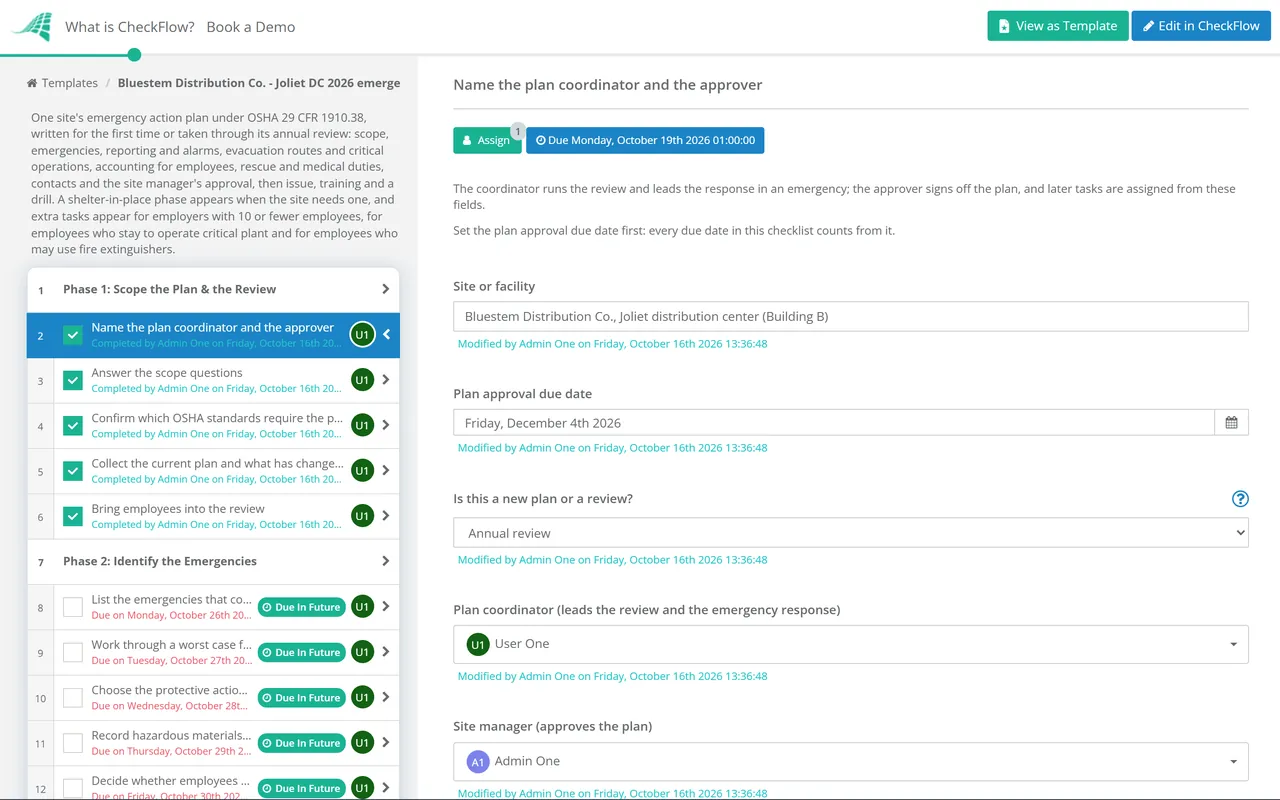 Live demo of the Emergency Action Plan Checklist in CheckFlow