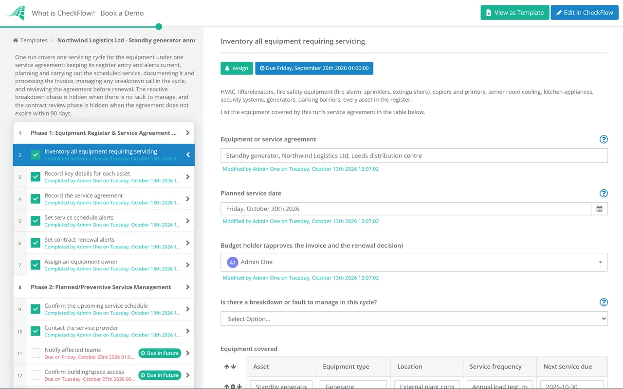 Live demo of the Equipment Servicing Workflow Checklist in CheckFlow