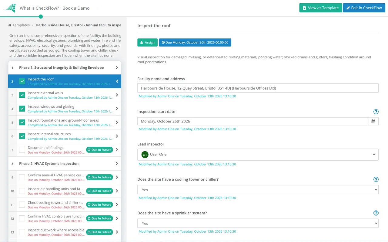 Live demo of the Facility Inspection Checklist in CheckFlow