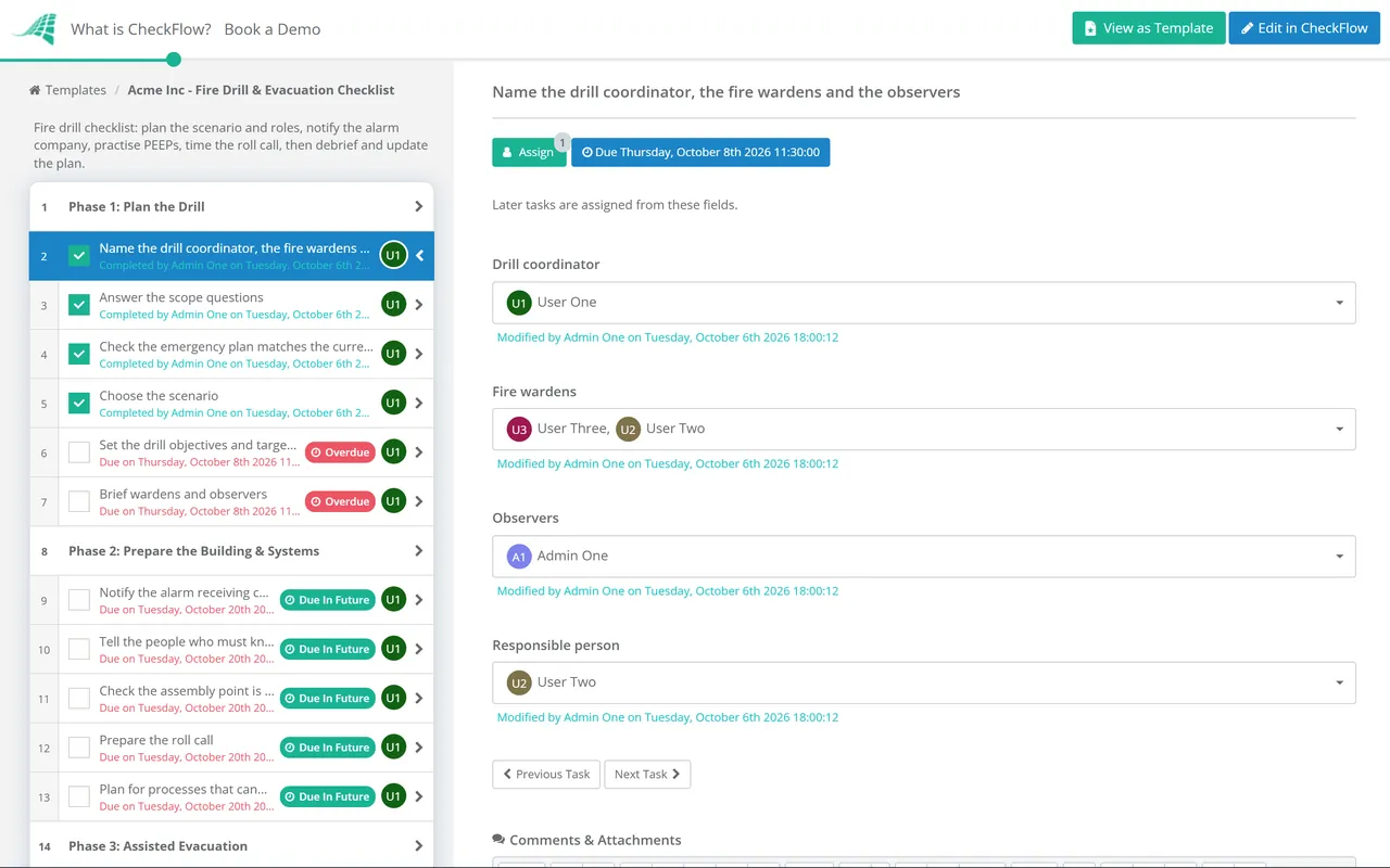Live demo of the Fire Drill & Evacuation Checklist in CheckFlow