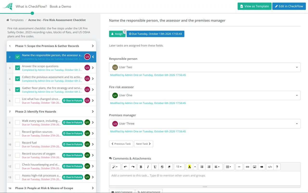 Live demo of the Fire Risk Assessment Checklist in CheckFlow