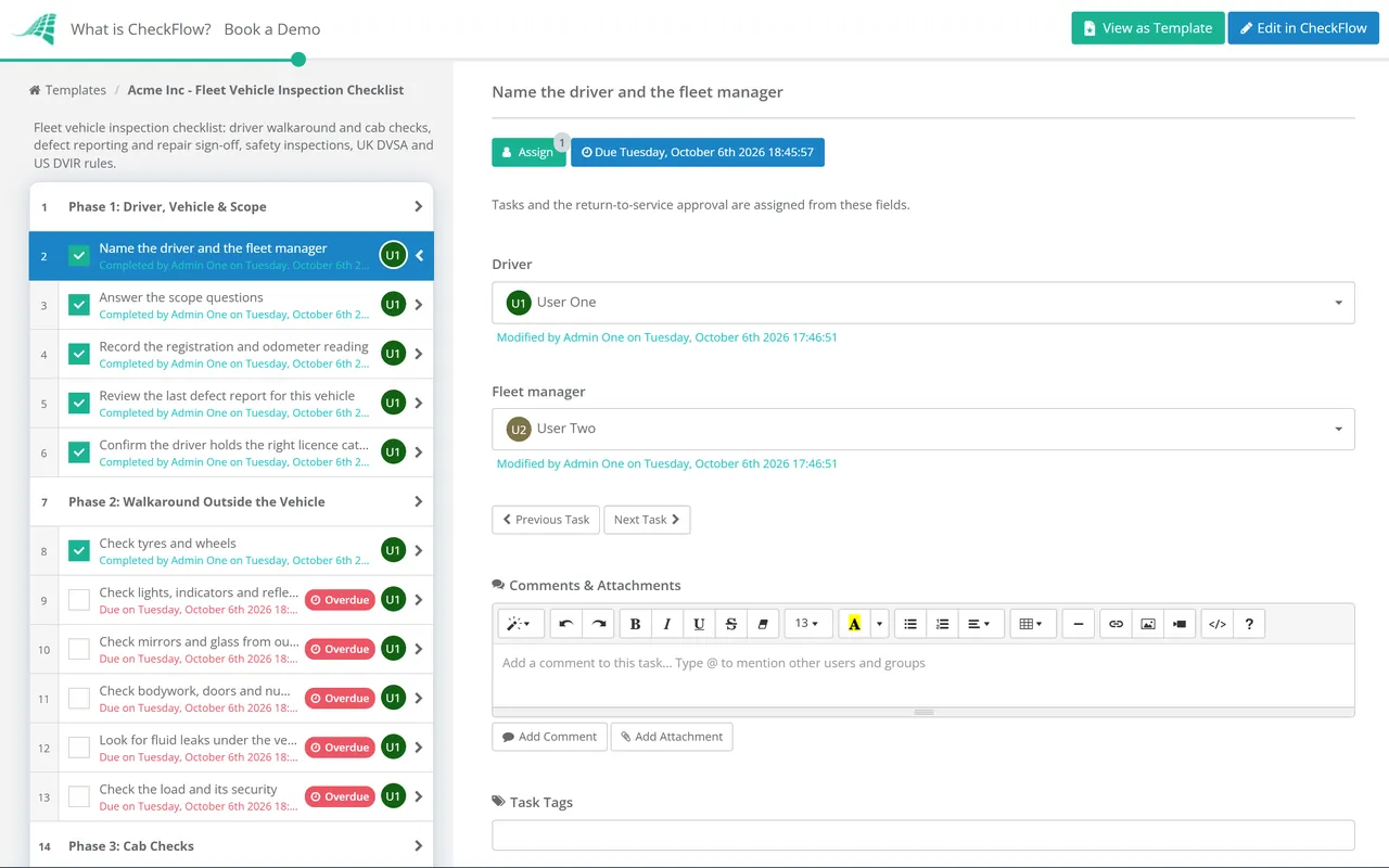 Live demo of the Fleet Vehicle Inspection Checklist in CheckFlow
