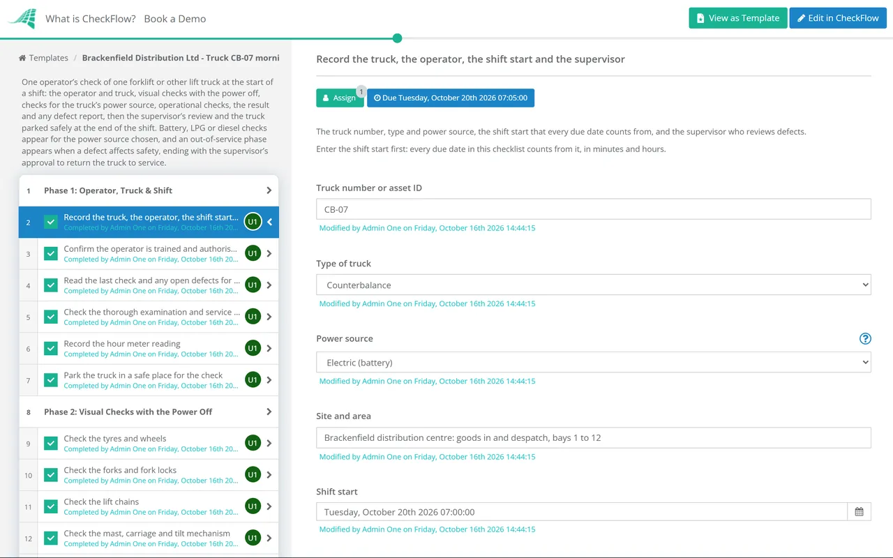 Live demo of the Forklift Pre-Use Inspection Checklist in CheckFlow