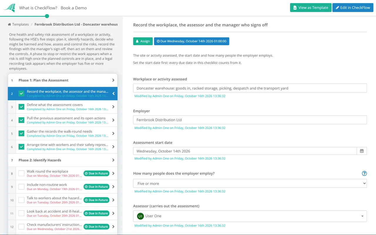 Live demo of the Health & Safety Risk Assessment Checklist in CheckFlow