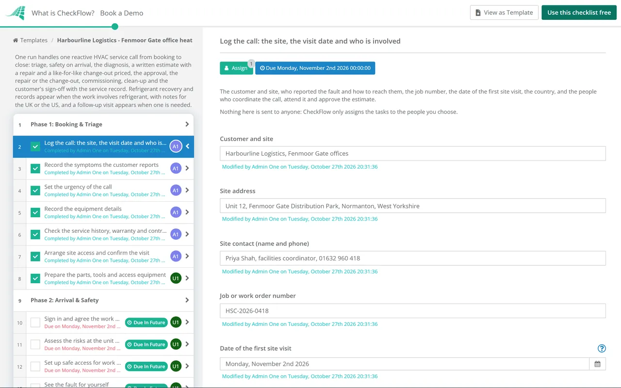 Live demo of the HVAC Service Call Checklist in CheckFlow
