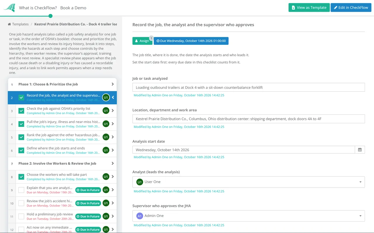 Live demo of the Job Hazard Analysis (JHA) Checklist in CheckFlow