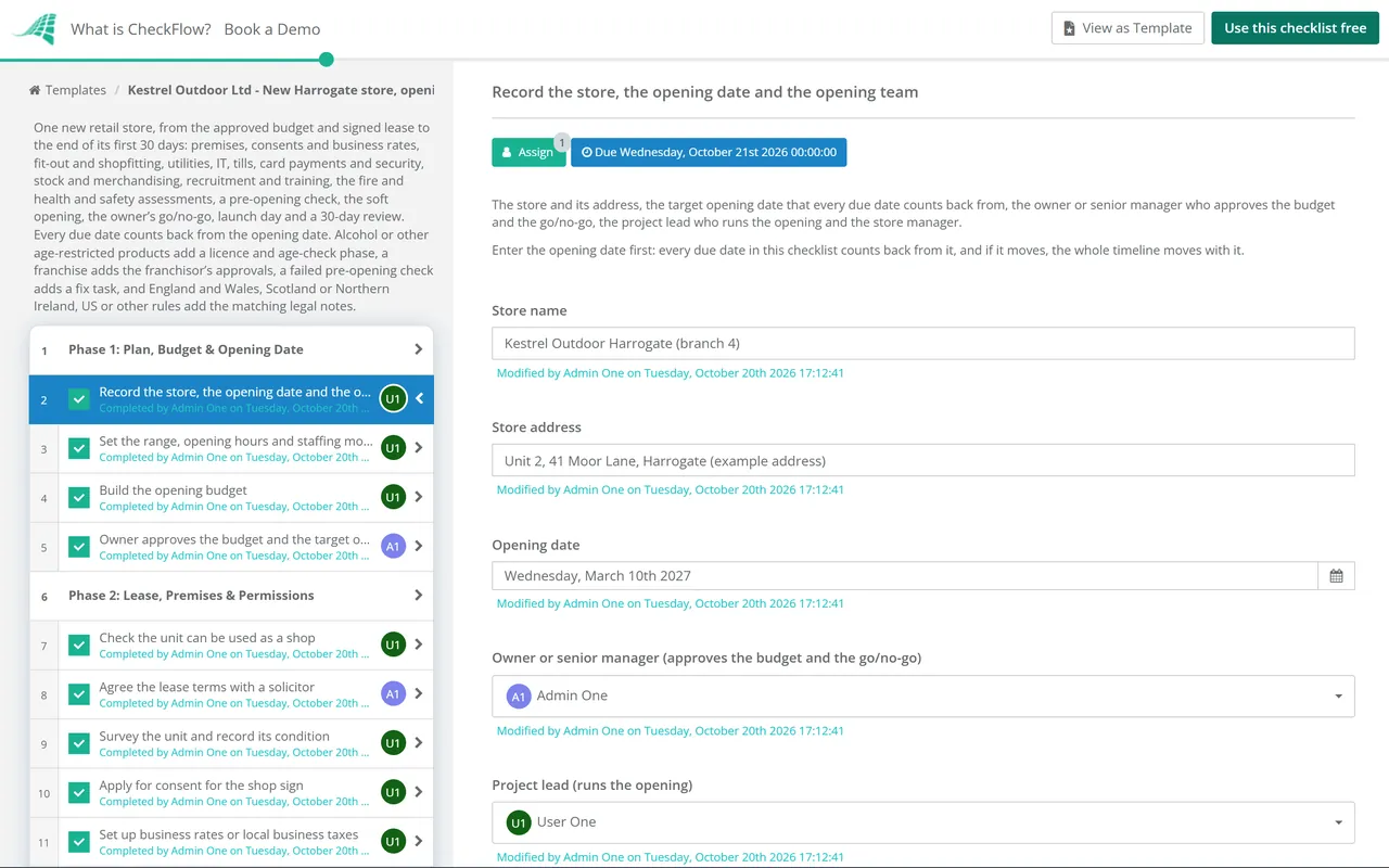 Live demo of the New Store Opening Checklist in CheckFlow